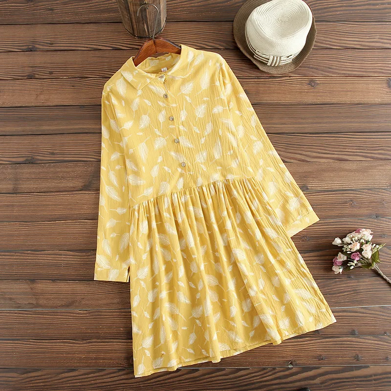 Feather print turn down collar long sleeve sweet fresh dress mori girl