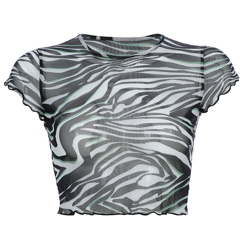 BlackWhite T-shirts Летние женские футболки в полоску зебры с коротким рукавом и О-образным вырезом, шикарный тонкий короткий перспективный сетчатый топ, повседневные топы для женщин - Цвет: BlackWhite T-shirts