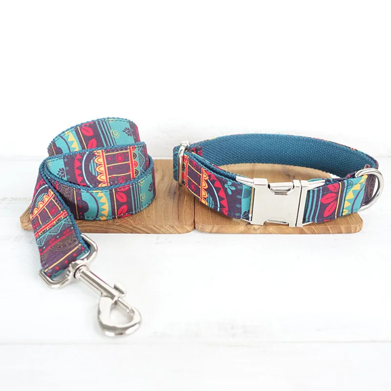 

Handmade Unique Dog Collar Leash Maya Print Pet Products for Dogs Leads Dog-Collar Pet Accessories Ethnic Style Collar Leash Set