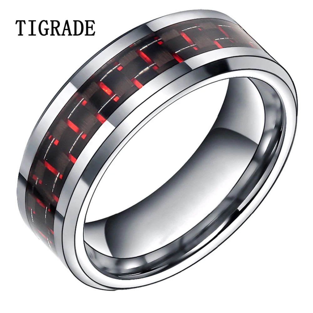 

TIGRADE 8mm Black Men Tungsten Ring Comfort Fit Red Woven Pattern Inlay Wedding Engagement Band Tail Ring Size 6-13 Wholesale