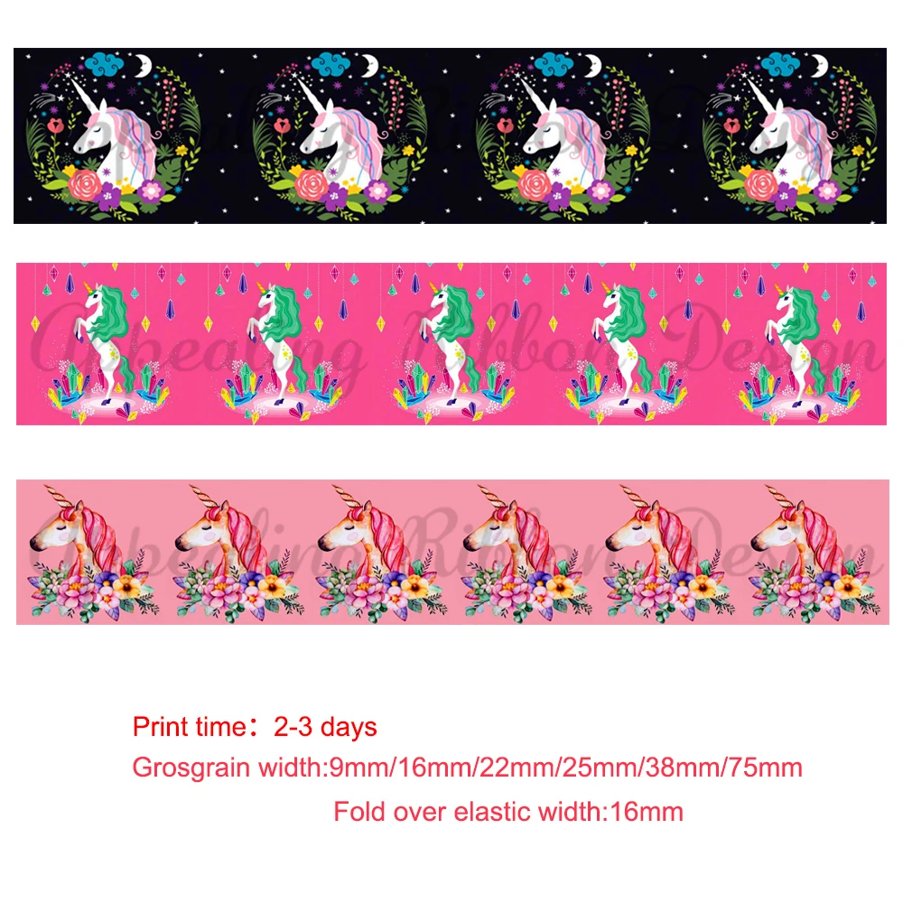 

Custom cartoon unicorn printed grosgrain ribbon fold over elastic band party decor DIY bow sewing accessories ribbons 50 yard