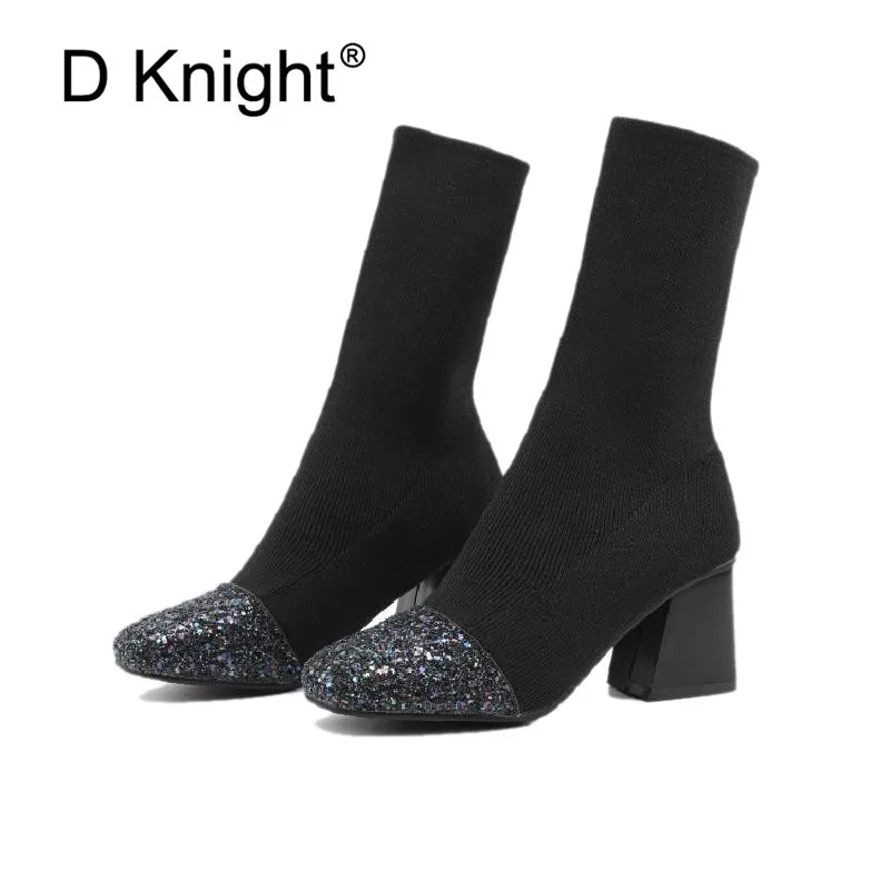 Women Stretch Sock Boots Elastic Midcalf Short Boots Round Toe Black