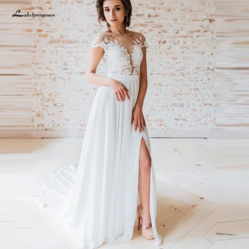 

Lakshmigown Sexy Side Split Chiffon Long Wedding Dress Beach Cap Short Sleeves 2019 New Mariage Bridal Gown Wedding Dresses Plus