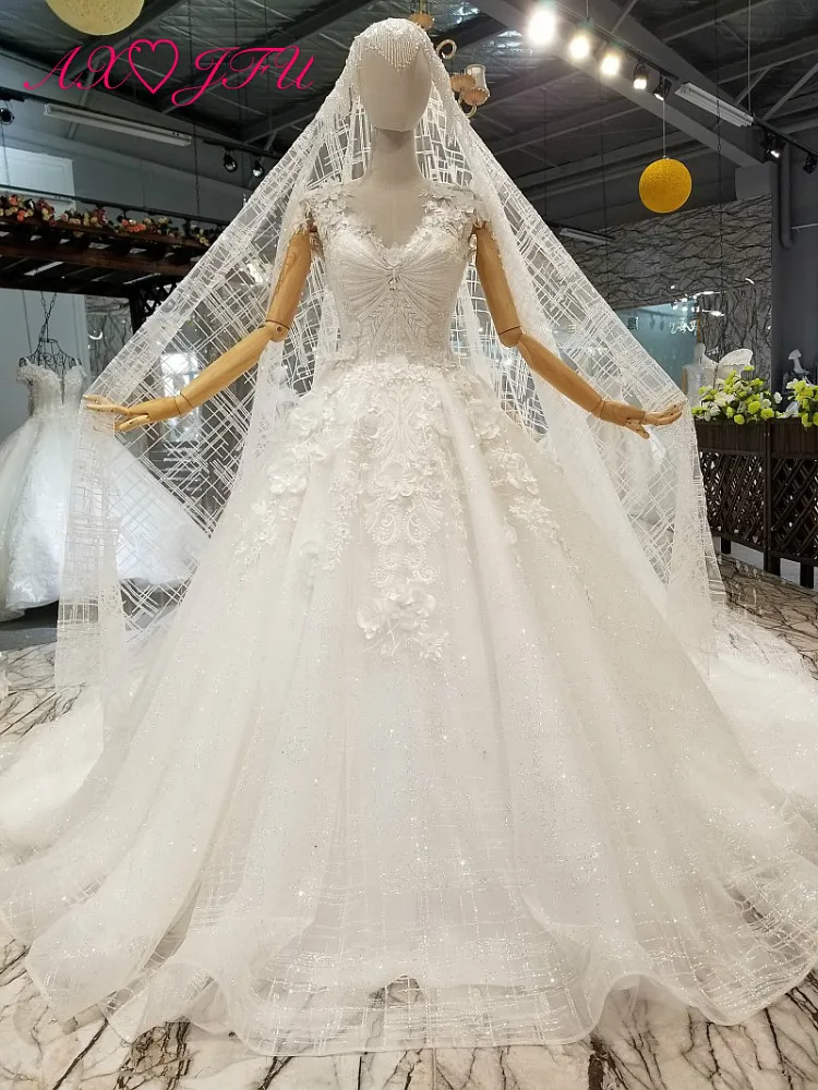 

AXJFU Luxury white lace princess wedding dress beading crystal pearls include veil flower wedding dress 100% real photo 064870