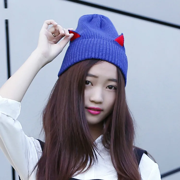 

2019 New Winter Cat Ears Hat Women Knitted Cotton Beanie Hats For Girls Cute Beanies Caps With Ear Flaps