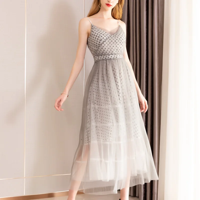 

2019 Summer Dresses Casul Chiffon Mesh Wave Women Point Print Spaghetti with Long Dress High End elegant Runway Dress