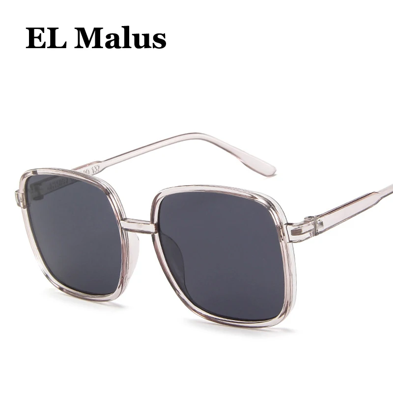 [EL Malus]Big Square Frame Sunglasses Women Mens Tan Pink Lens Gray Shades Sexy Ladies Sun Glasses Oculos