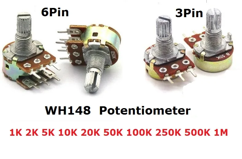 5 шт. WH148 потенциометр 3Pin 6pin B1K B2K B5K B10K B20K B50K B100K B250K B500K B1M вал двухканальный усилитель мощности стерео 1/2/5/10/K 15 мм