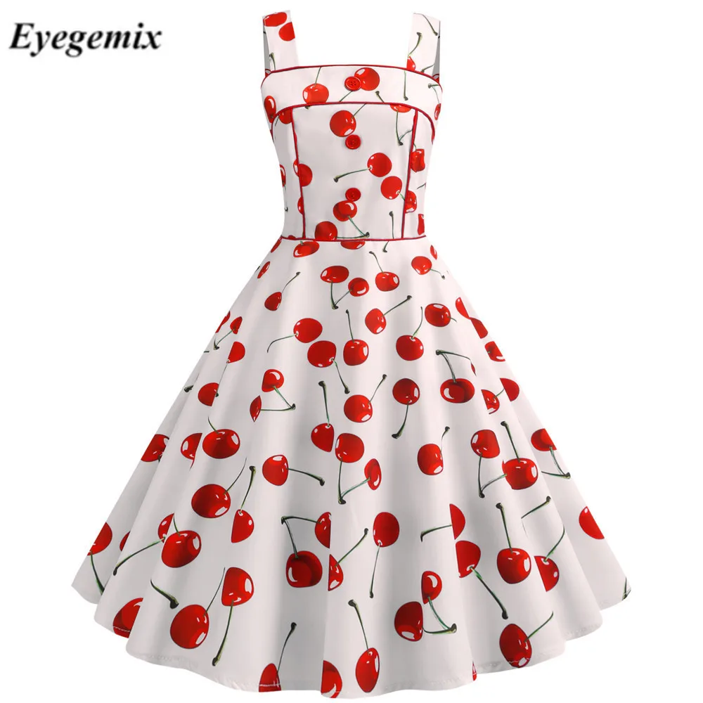 

Cherry Print Vintage Dresses Summer 2019 Sleeveless Hepburn Style Big Swing 1950s 60s Rockabilly Dress Big Swing Pinup Vestidos