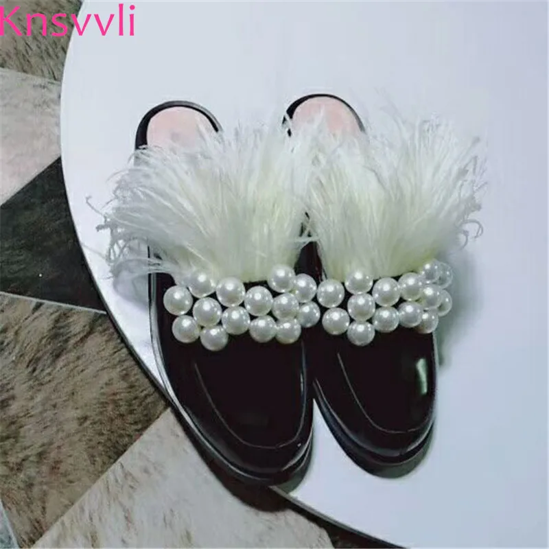 

2019 Ostrich Feather Handmade String Bead Flat Slippers Women Round Toe Black Genuine Leather lazy Shoes Woman mules shoes