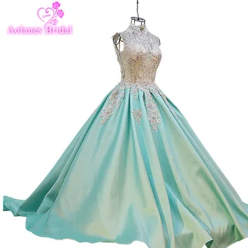 

AOLANES Robe de soiree Mint Green Appliques Prom Dresses 2017 High Neck Sleeveless Court Train A-line Satin Lace Evening Dress