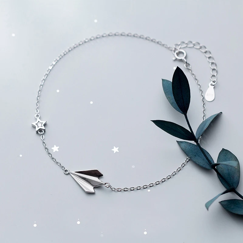 

MloveAcc 100% 925 Solid Sterling Silver Airplane Star Fashion Jewelry Women Link Chain Anklet Bracelets for Women Jewelry