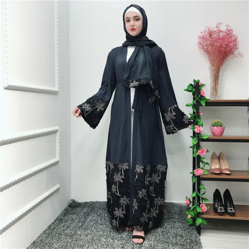 Женские мусульманское платье макси Ближний Восток турецкое кружево шить трехмерные цветочный кардиган халаты стильные кардиган