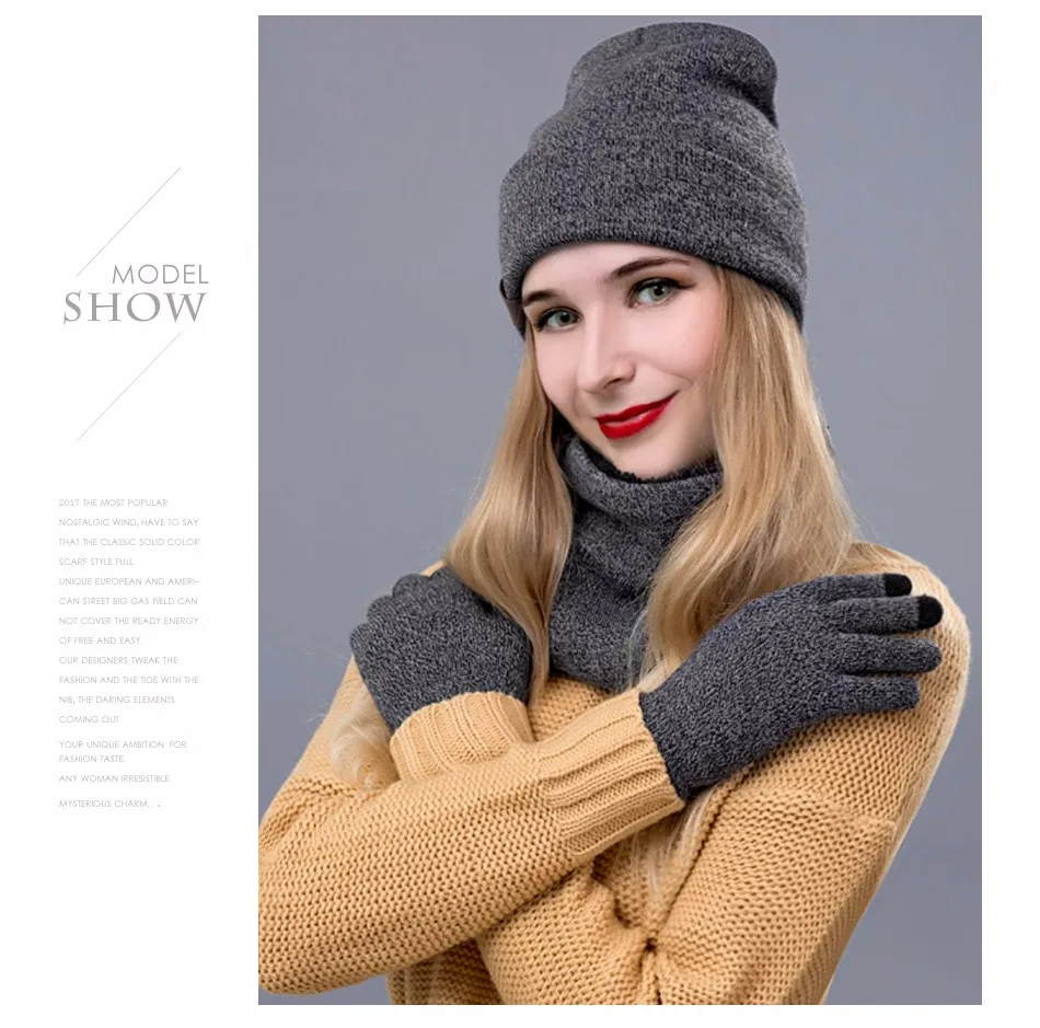 IWINTER 3 Pieces Комплект женщин Зимняя шляпа и перчатки наборы Хлопок Unisex Hat Шарф перчатки Установить твердой шляпы и шарф для женщин Мужчины