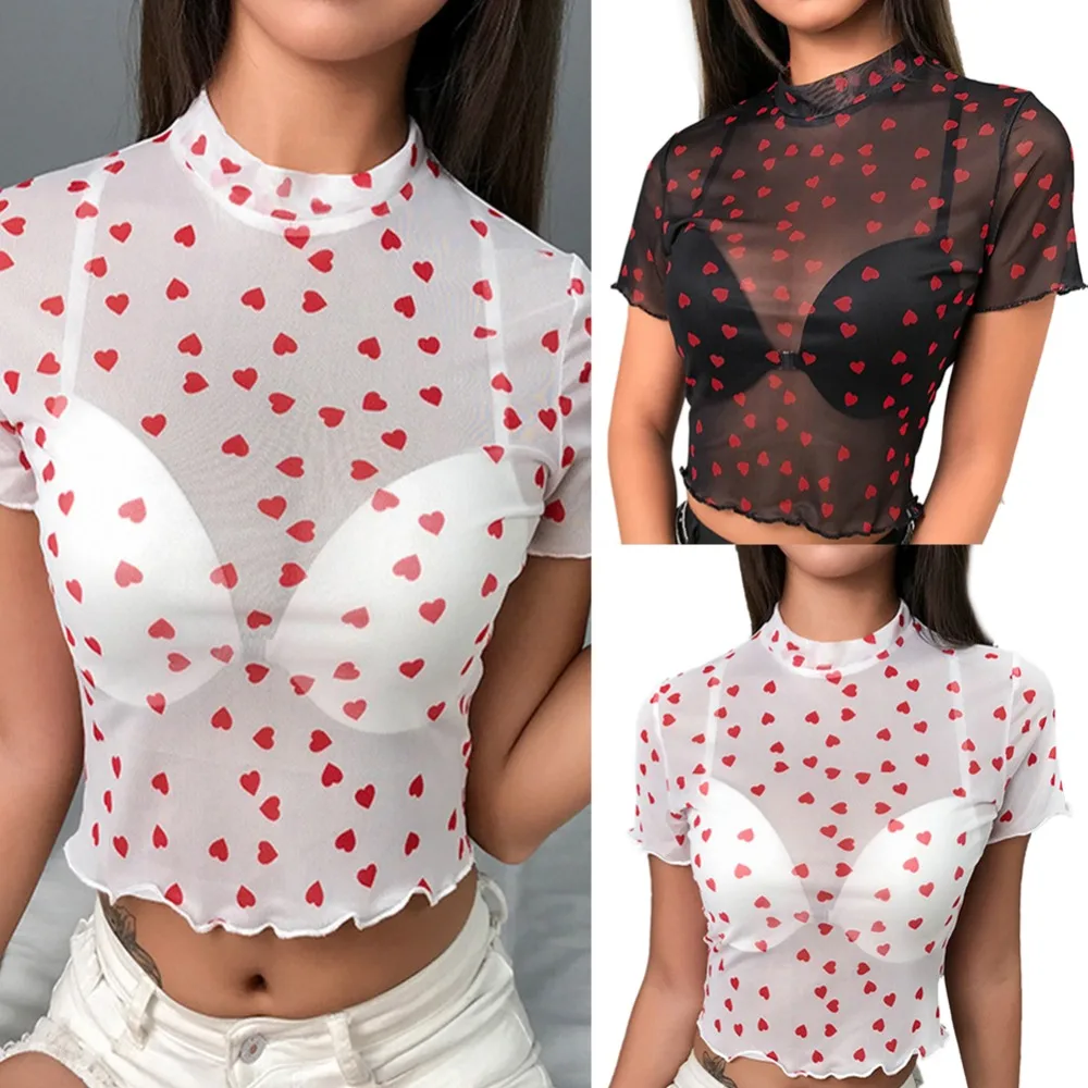 

Female T-shirt Crop Top Heart-shaped Printed Transparent Mesh T-Shirt Women Turtleneck Long Sleeve Slim Basic Tops