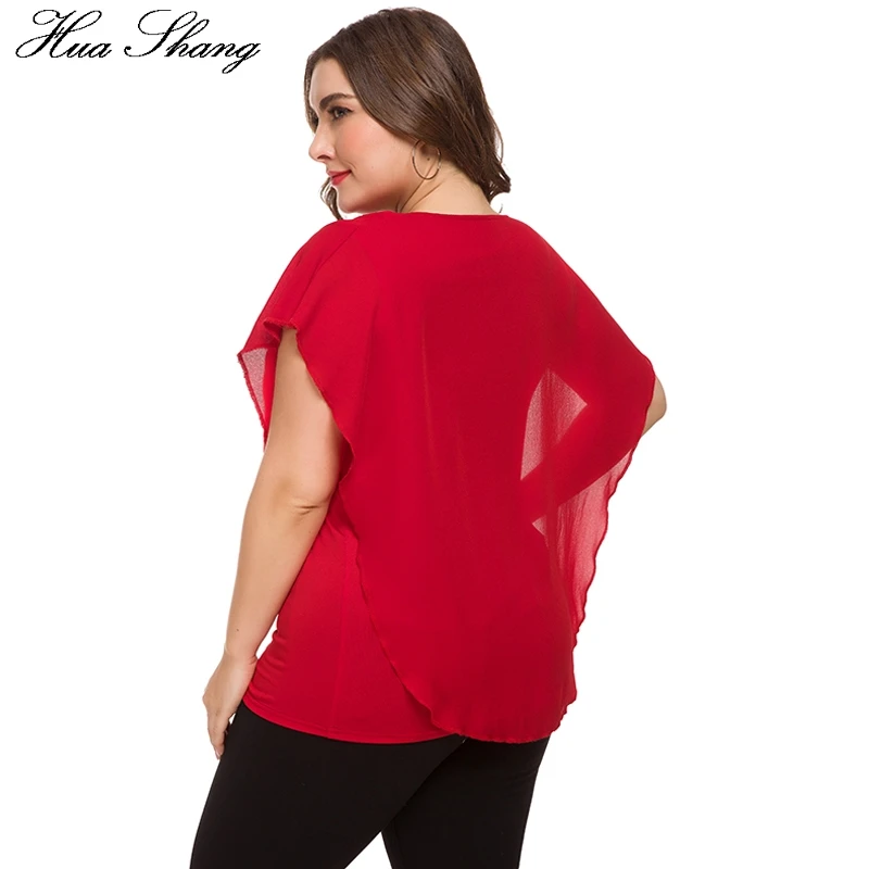Красные шифоновые блузки, женские летние повседневные блузки с круглым вырезом и коротким рукавом, с оборками, большие размеры, женские туники, топы, сорочка для женщин