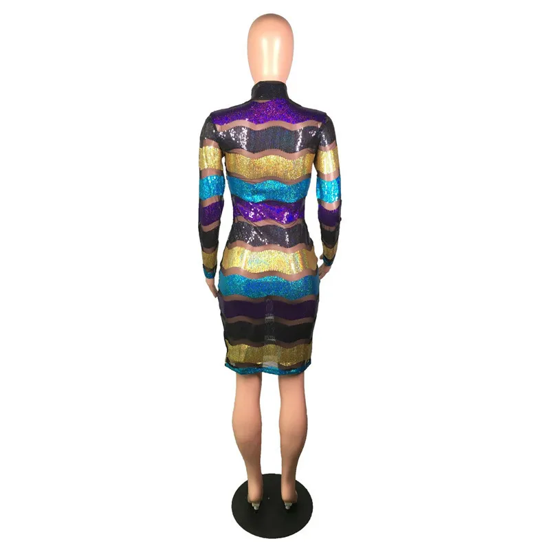 Сексуальное Сетчатое прозрачное Полосатое платье с пайетками женское Водолазка с длинным рукавом облегающее мини-платье Элегантное