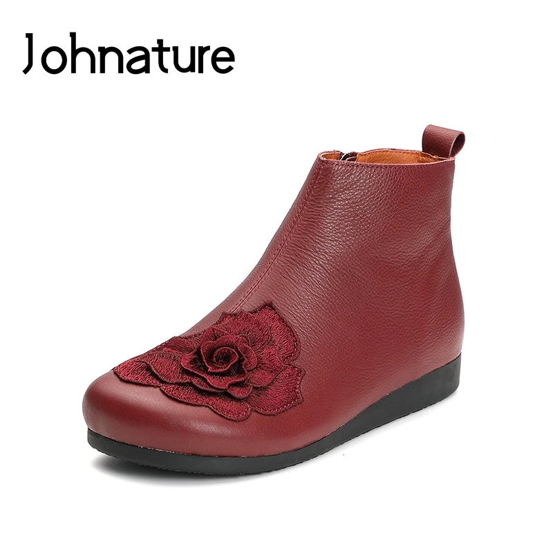 

Johnature 2019 New Autumn/Winter Genuine Leather Round Toe Casual Zipper Floral Embroider Ankle Platform Boots Women Shoes
