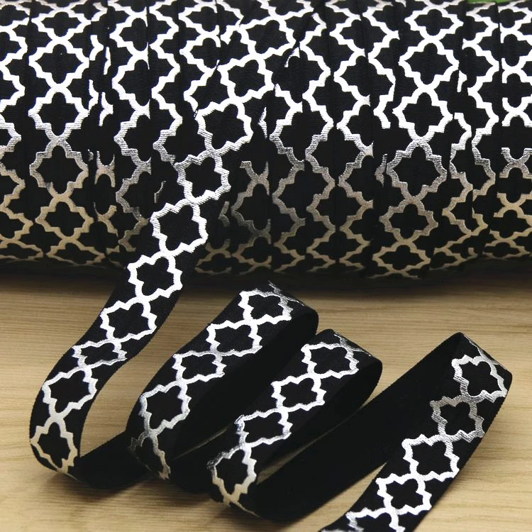 

5/8'' Free shipping quatrefoil silver foil printed Fold Elastic FOE headband headwear hairband decoration wholesale OEM H5379