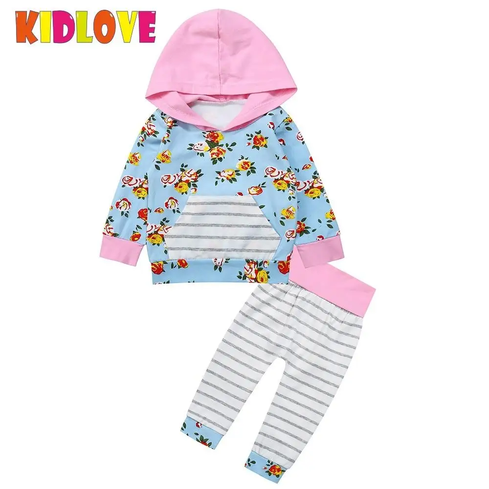 Kidlove маленьких Обувь для девочек 2 шт. Комплекты для девочек из хлопка с цветочным рисунком в полоску с капюшоном Топы корректирующие и