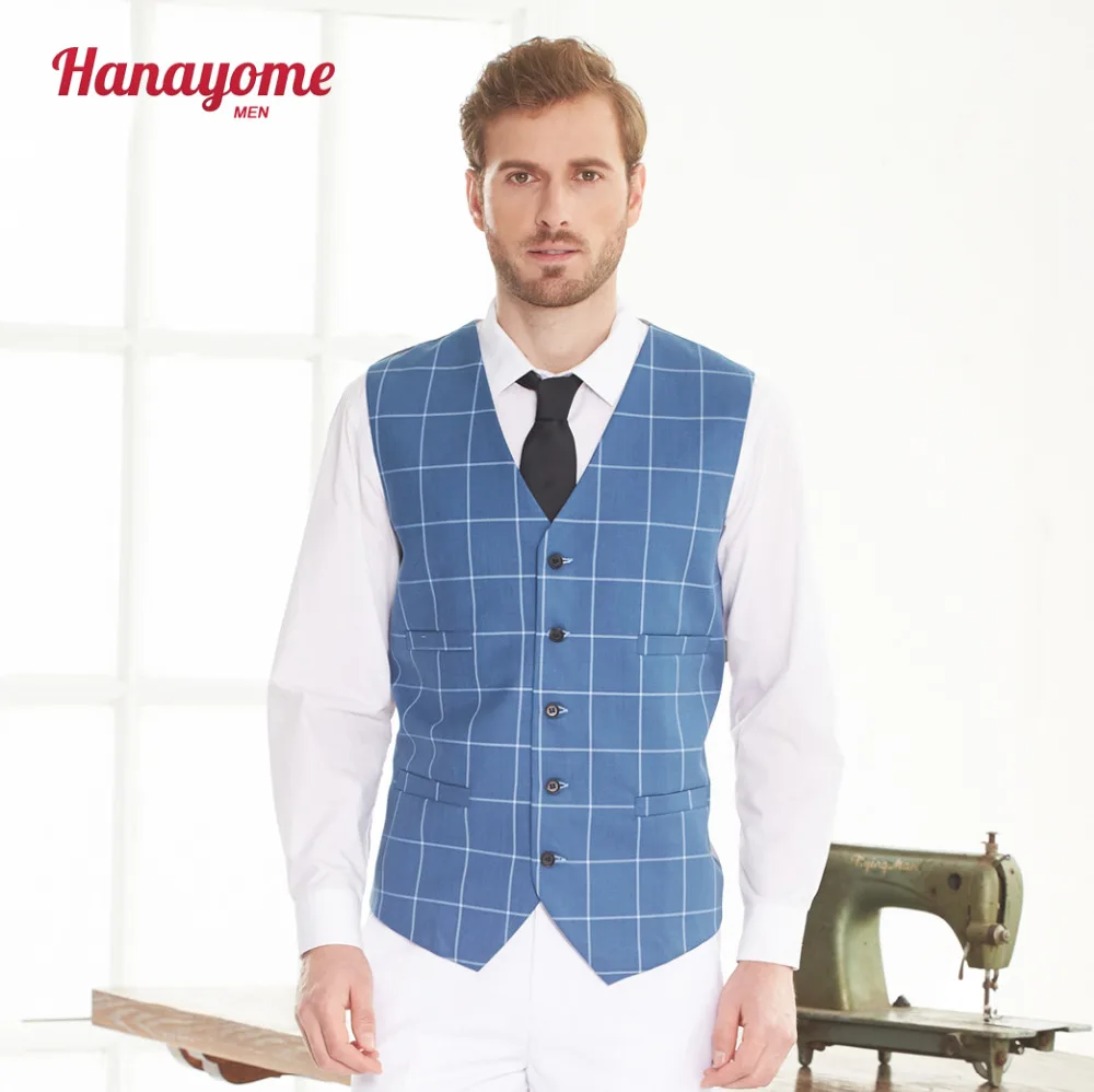 Deal Men's Blue Checked Suit Vest 2017 5 Buttons V Neck Suit Waistcoat Sleeveless Business Casual Suit Jacket for Men Plus Size SI117