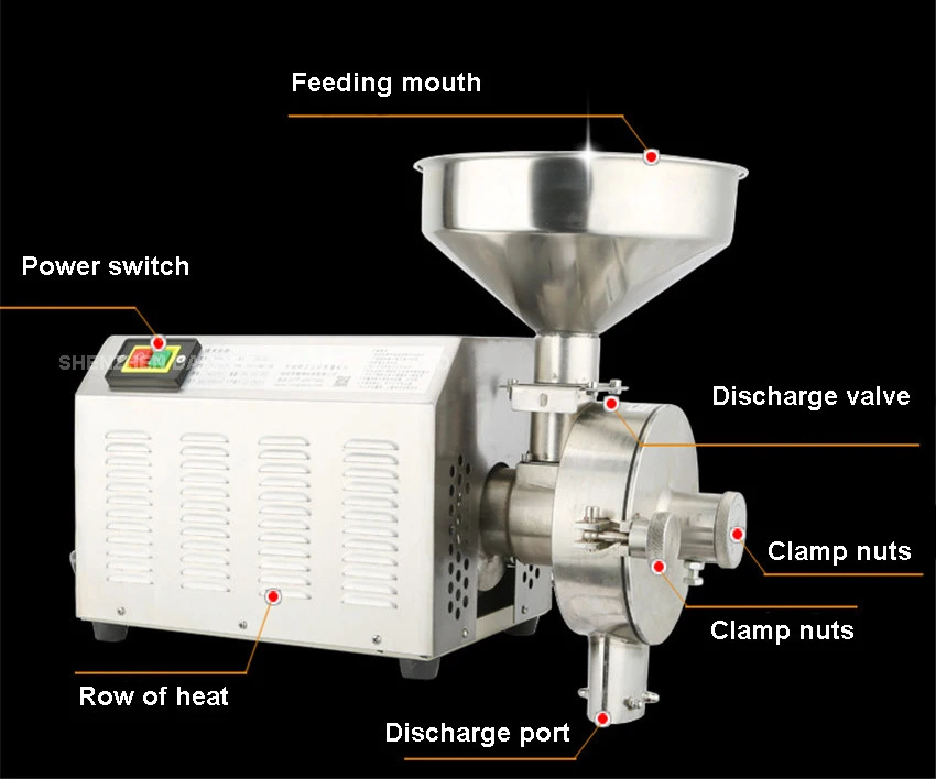 Коммерческая зерношлифовальная машина, нержавеющая сталь пищевой шлифовальный станок для специй/Соль риса/соевые бобы/кукуруза/перец 20-40 кг/ч 2500 Вт/3000 Вт