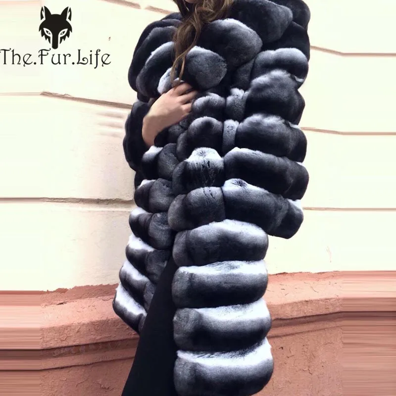 

Furealux Super Luxury Whole Skin Rex Rabbit Fur Coat Warm Winter Fur Collar Long Coats For Ladies Strips Big Sale