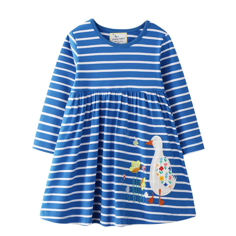Jumping meter/Детские платья принцессы с цветочным принтом; детское Хлопковое платье с цветочным принтом для девочек; Детские весенне-осенние платья; детская одежда для девочек - Цвет: W7098 blue duck