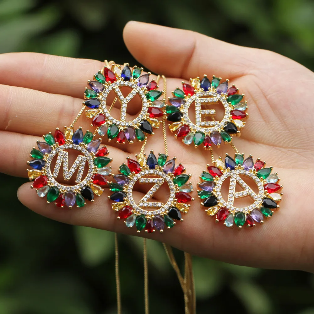 

New Trendy Gold Color Micro Pave Rainbow CZ Cubic Zirconia A-Z Initials Letter Pendant Necklaces For Women Jewelry