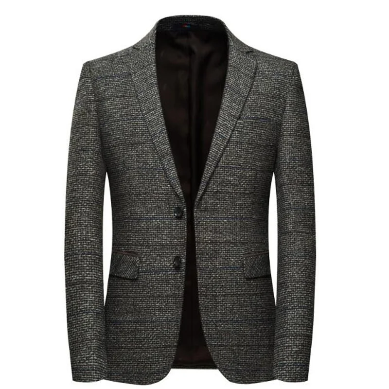 Men's Wool Blazer Striped Jacket Elbow Patch Blazer Tweed