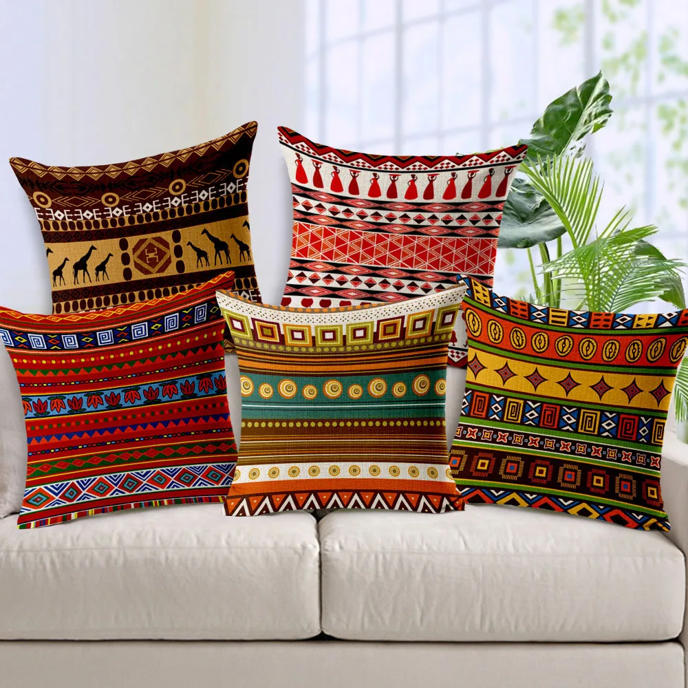 

African National Stripe Bohemian Style Geometric Home Decorative Throw Pillow Covers Linen Ethnic Cushion Cover Case 45cm*45cm