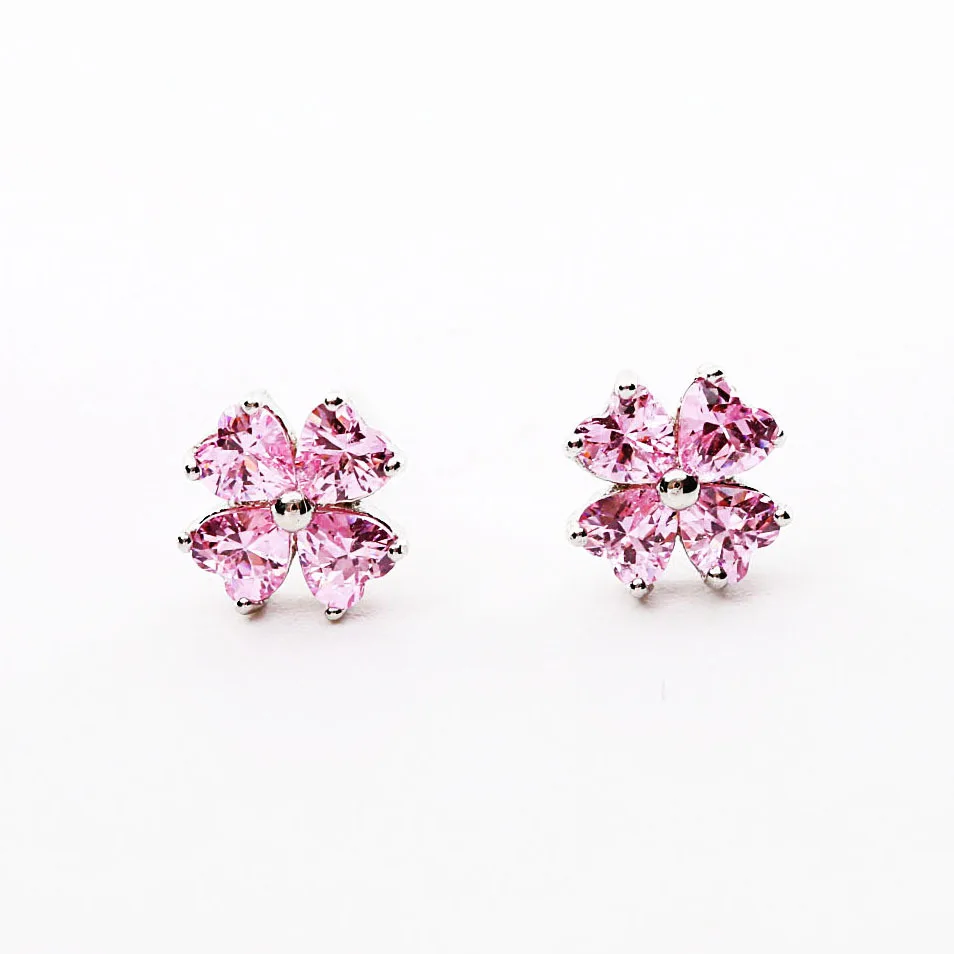 sweet Clover pink cz earrings 100% 925 Sterling silver Jewelry fashion Hypoallergenic Stud earrings for women girl gift