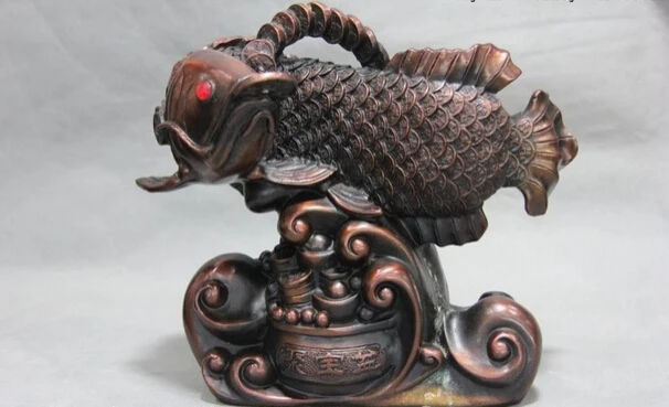 

Elegant old S0967 China Copper Bronze Home Feng Shui Money Wealth Dragon Koi Fish Treasure bowl statue