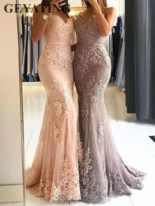 Blush Pink Lace Mermaid Evening Dress Long Spaghetti Straps Sweetheart Appliques Women Formal Dresses 2019 New Prom Party Gowns Blush Pink Lace Mermaid Evening Dress Long Spaghetti Straps Sweetheart Appliques Women Formal Dresses 2019 New Prom Party Gowns