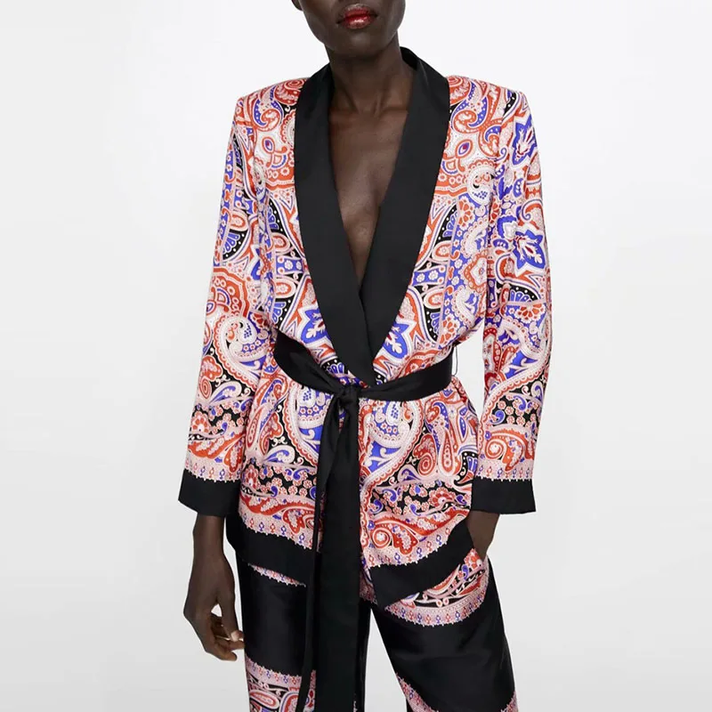 

Fashion Patchwork Floral Suit Jacket With Sash Women Spring Slim Long Blouse Coat Elegant V neck Office Coat Suit XZ1939
