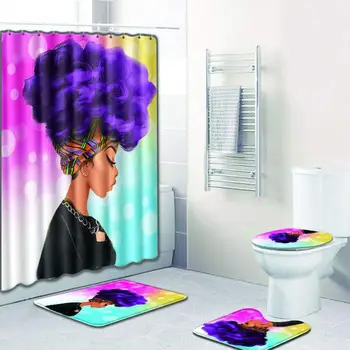 

4 Pcs African Girl Shower Curtain/Bath Mat/Toilet Pad Set Character Pattern Anti-slip Toilet Pattern Carpet Flannel Bath Mat 29