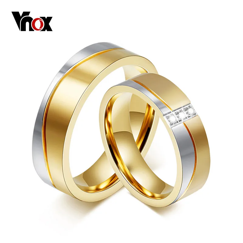 Vnox 1 Pair Wedding Ring Set for Couple Gold Color Stainless Steel CZ Female and Male Jewelry