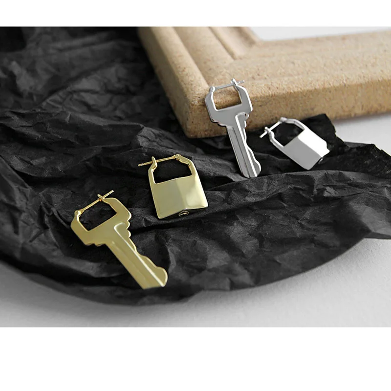 

1 Pair/lot solid s925 silver creative Simple Lock and Key Mismatch studs Earrings For Women Men Bff Trendy Party Wedding Jewelry