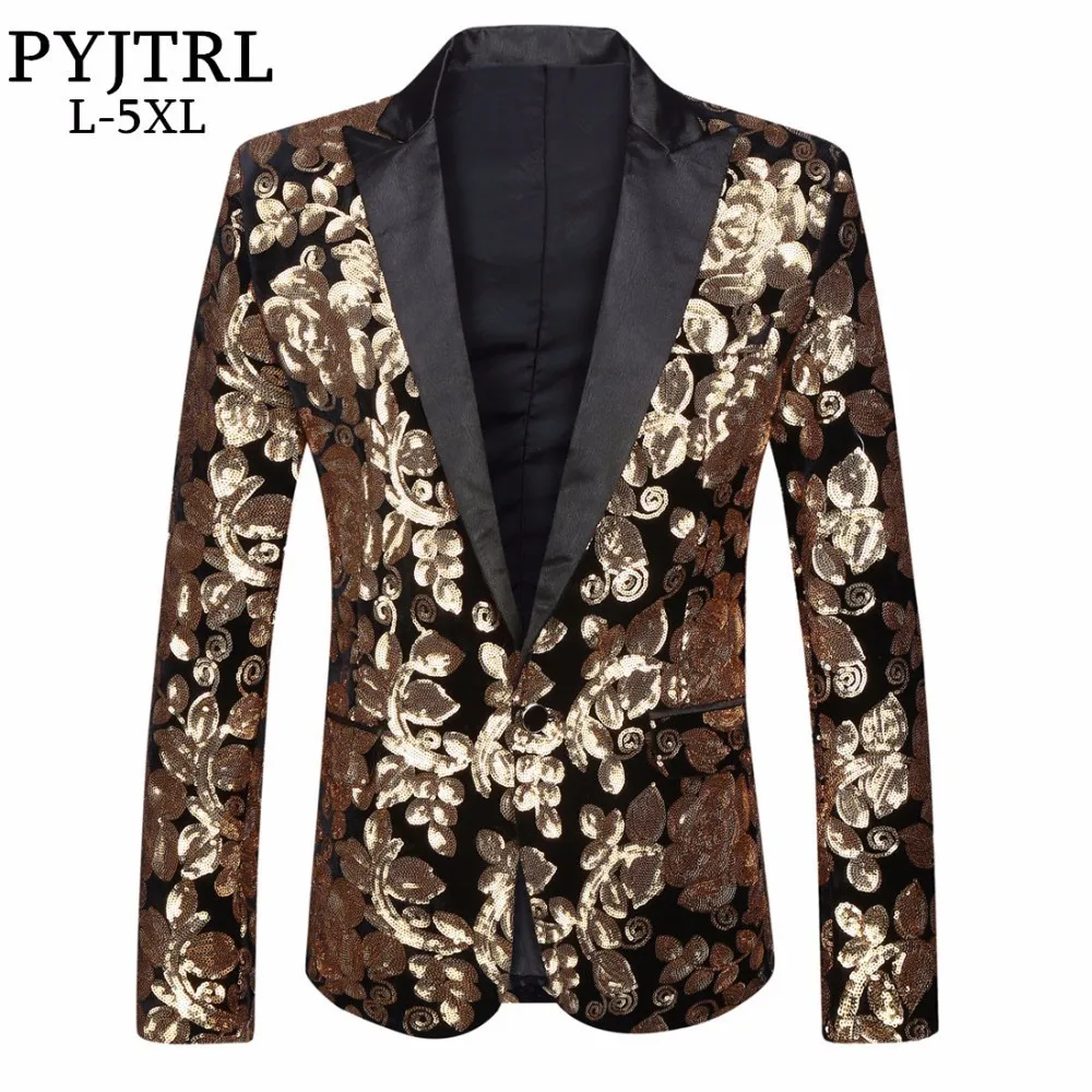 PYJTRL New Mens Plus Size 5XL Blazer Design Velvet Gold Sequins Suits
