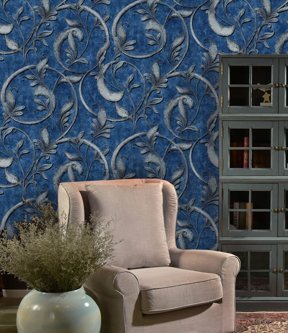 Haokhome Европейский Дамаск 3D обои для гостиной Виниловые контакты рулон бумаги Синий Текстурированная спальня дома стены Искусство Декор