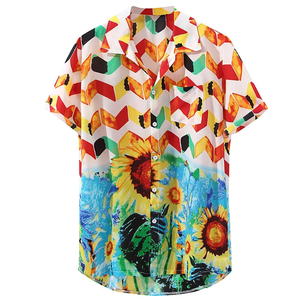 Womail Гавайские мужские рубашки платье короткий рукав круглый подол Подсолнух принт уличная футболка пляжная нагрудный карман рубашки мужская одежда