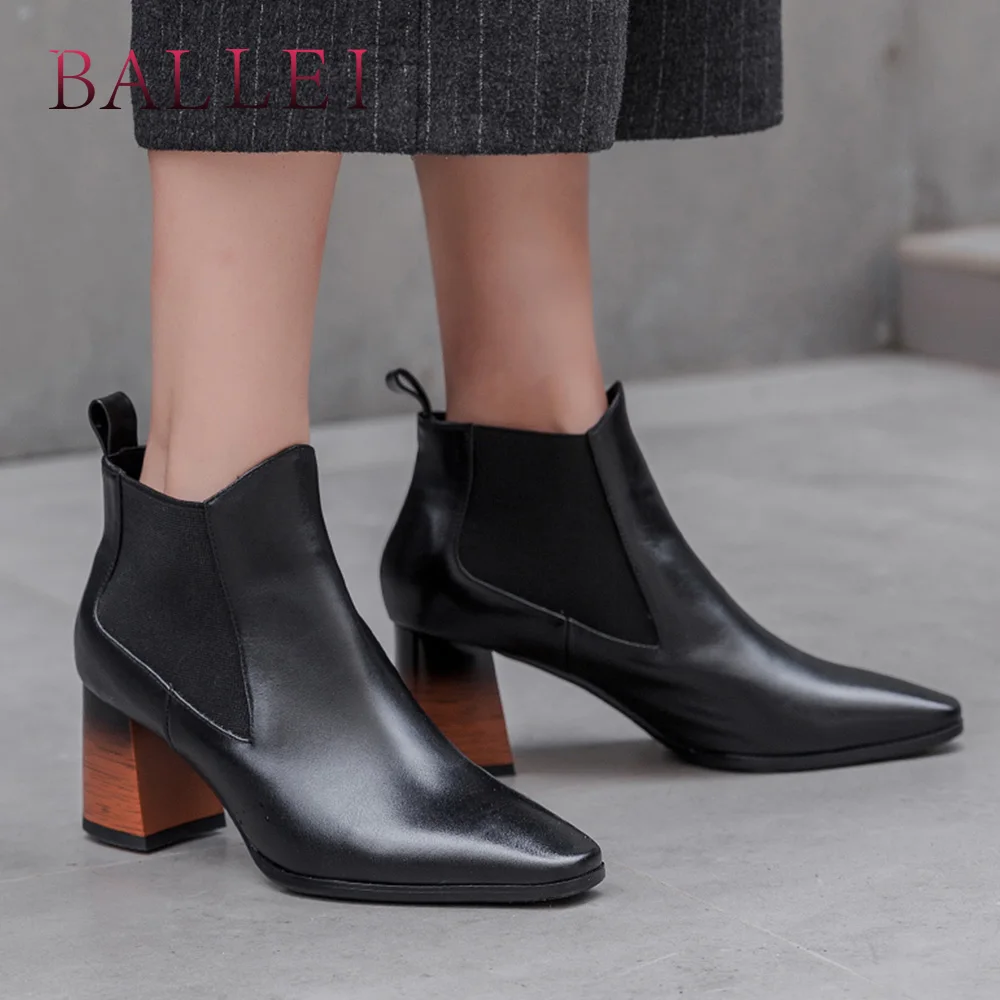 Ballei Véritable En Carré Haute Élégantes Bottes Qualité Sexy Talon Bottines Bout Cuir B119 Black Chaussures Vintage Pointu Doux apricot Hiver Femme clK1J3FT