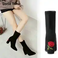 Sianie Tianie 2019 Female Sexy Stiletto Sock Booties Stretch Fabric Pointed Toe High Heels Ankle Boots With Flower Embroidery