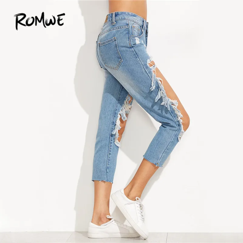 ROMWE Extreme Distressed Cropped Jeans Women Blue Cut Out Skinny Denim Pants Autumn Mid Waist Sexy Button Fly Casual Jeans