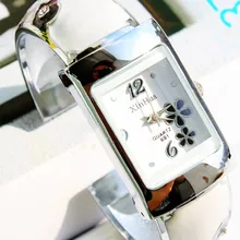 Luxe noble de Mode de luxe Argent Montre Femmes Lady noir équerrage Cadran fleur argent acier inoxydable Bracelet Montre À Quartz