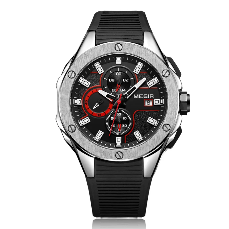 Мужские часы MEGIR, высокое качество, люксовый бренд, хронограф, спортивные часы, силиконовый ремешок, армейские, водонепроницаемые, кварцевые, наручные часы, мужские часы - Цвет: black silver black