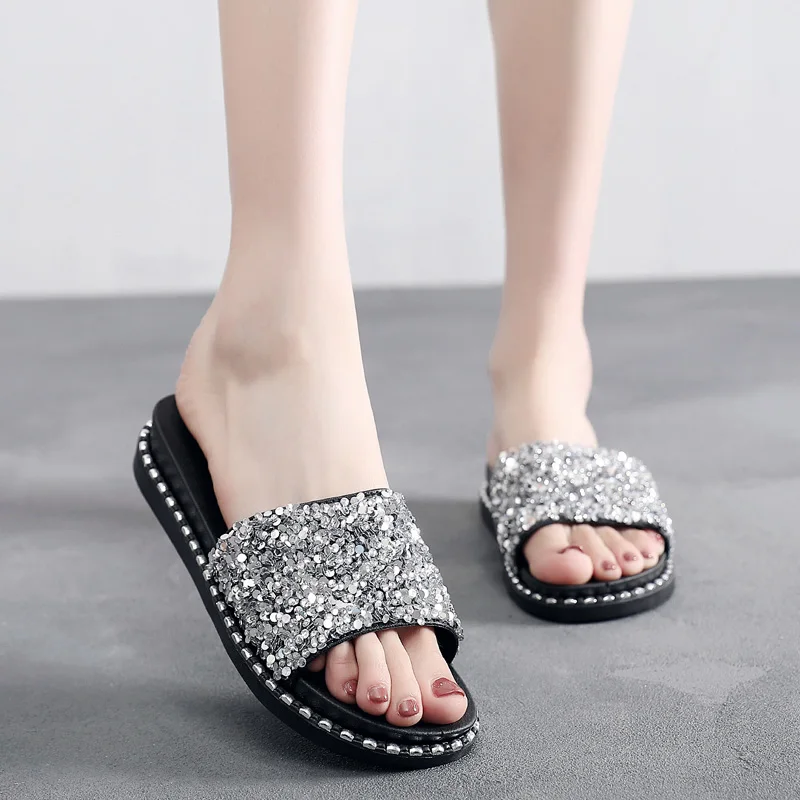 

HEE GRAND Summer Bling Slides Women Slippers Platform Slip On Rhinestone Cross-tied Soft Flat Shoes Woman New Flip Flops XWT1885