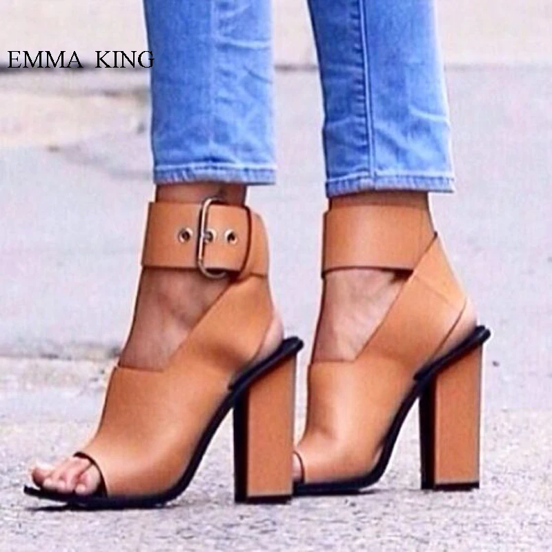 

Summer Fashion Sandalia Feminina Open Toe Big Buckle Strap Gladiator Sandals Chunky Heels Women Shoes Sexy Thin High Heels