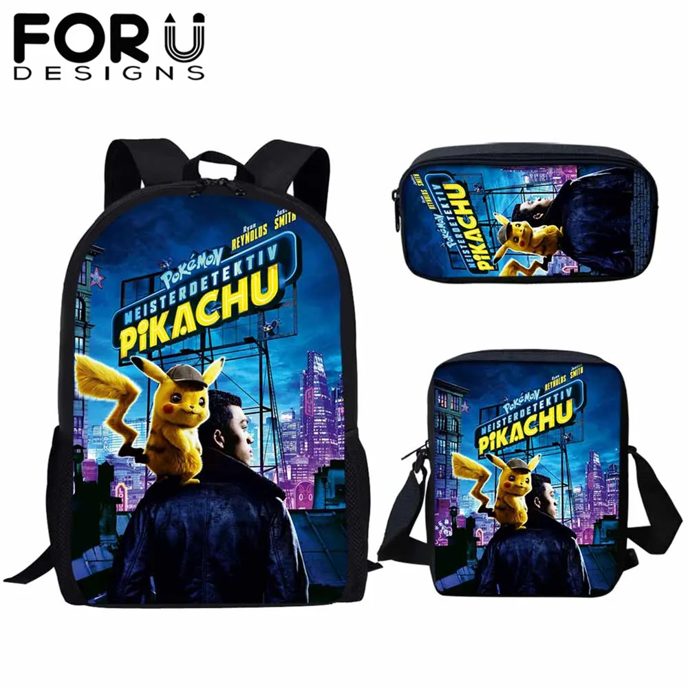 

FORUDESIGNS 3 Pcs/set Cartoon Pokemon School Bags For Kids Detective Pikachu Anime Pattern School Backpack For Teen Boys Girls