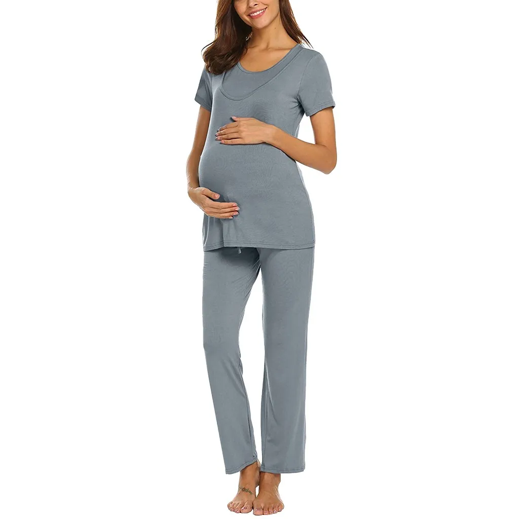 

ARLONEET Maternity Short Sleeve Breastfeeding Nursing Baby homewear pregnant sleep T-shirt Tops+Stripe Pants Pajamas Set W0411